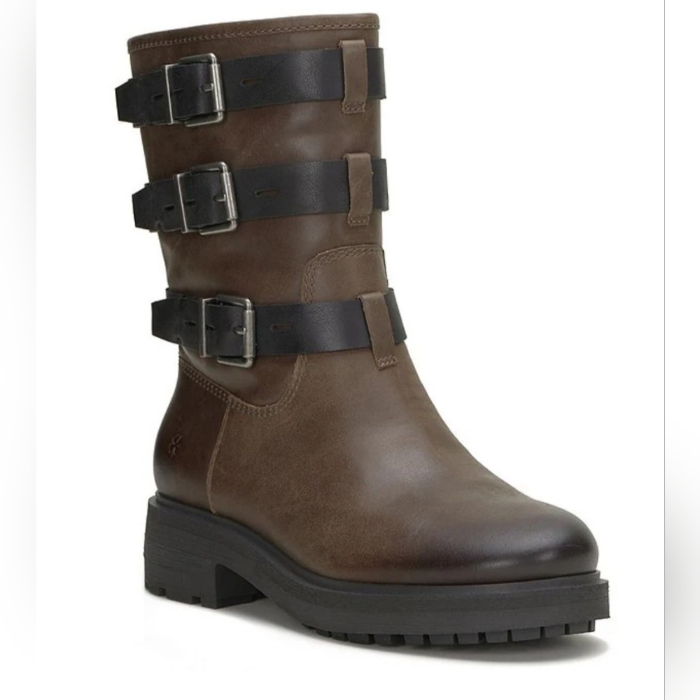 Lucky Brand Cheviss Leather Buckle Strap Lug Sole Moto Boots 8.5 NWT